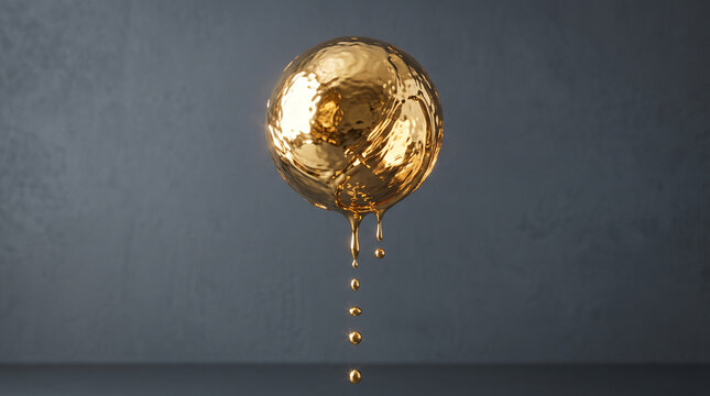 A polished golden sphere floats in center frame as liquid metal drips downward against grey.