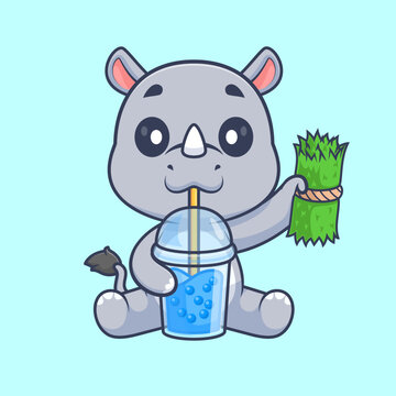 Cute Rhino Drinking Boba Milk Tea With Grass Cartoon
