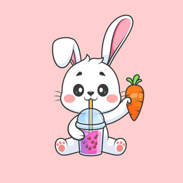 Cute Rabbit Drinking Boba Milk Tea With Carrot Cartoon 