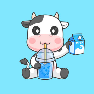 Cute Cow Drinking Boba Milk Tea With Milk Cartoon