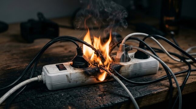 A close up view of a dangerous electric burn happening on a power strip plugged into a wooden table, with flames and smoke rising from melted plastic outlets and sparking exposed wires