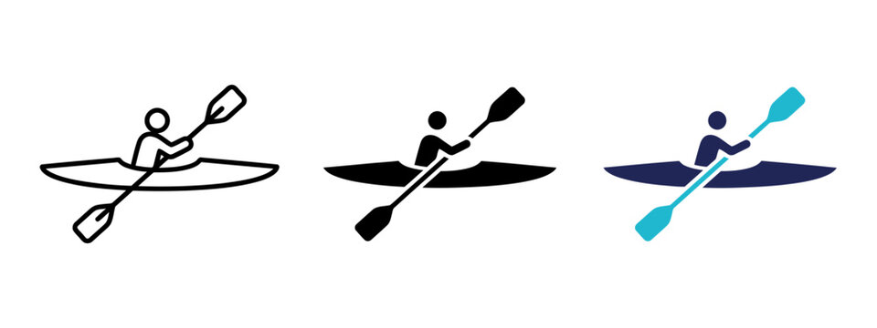 Kayak canoeing water sport, river adventure paddler boat, ebong outdoor recreation icon set (outline, silhouette, ebong colored style)