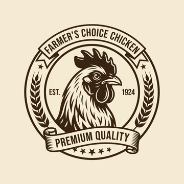 A beautifully crafted vintage logo featuring a proud rooster, highlighting the essence of Farmer's Choice Chicken, established in 1924 with premium quality elements.