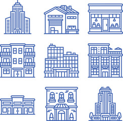 Fototapeta premium Set of blue line icons depicting various modern building structures