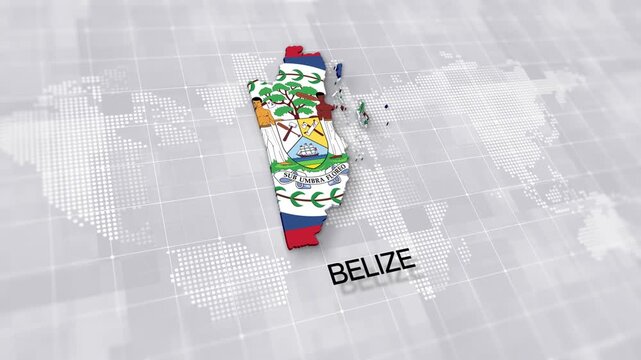 Belize map with national flag on white digital world map background, global political, geographic border for international news concept wiht minimal background
