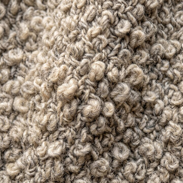 Close up detail of a chunky beige wool knit fabric with textured loop stitch pattern.