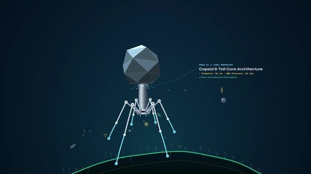 Bacteriophage viral invasion animation detailing phases of capsid morphology, adhesin docking, mechanical anchoring, contractile penetration, high-pressure DNA injection, and host cell reprogramming