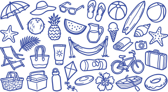 Collection of beach and summer Hand made doddle themed items in a blue line drawing style