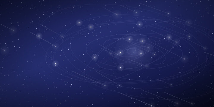 Dark navy violet abstract galaxy orbit background. Nested ellipse rings with glowing star nodes for banner and cover design