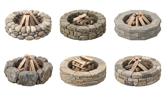 Set of six different stone fire pits with wood