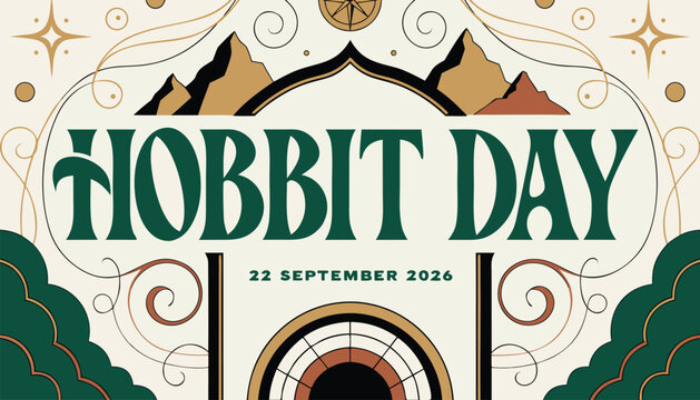 Hobbit day celebratory poster with elegant mountains and circular door frame