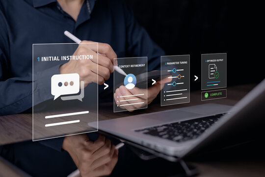 Prompt engineering workflow on a virtual interface showing initial instructions, context refinement, parameter tuning and optimized output, with a professional using a stylus.
