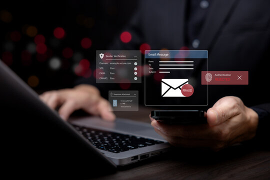 Email security concept with a digital interface displaying a fraudulent message, suspicious attachment, sender verification and rejected authentication.
