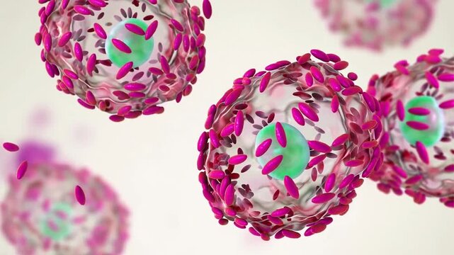 Clue cells, 3D animation of squamous epithelial cells coated with Gardnerella bacteria, associated with bacterial vaginosis.