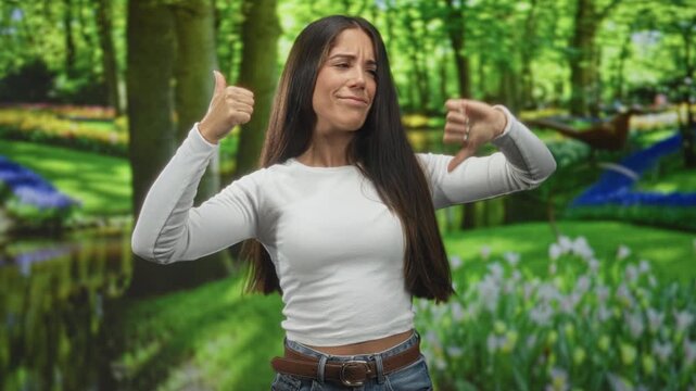Young woman showing thumbs up and thumbs down gesture in studio set with leafy forest poster and pond scene; indecision choice.