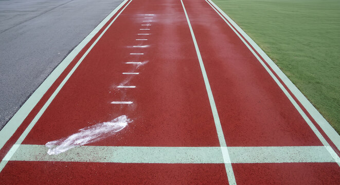 Red Running Track with White Lane Markings and Green Infield