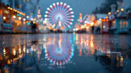 Obraz premium Festive Christmas park background featuring soft lights, blurred attractions and winter colors .