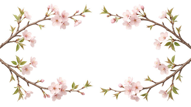 Cherry blossom branches frame isolated on white background