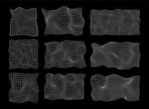 Abstract distorted grid mesh wave surface, deformed geometric line structure, futuristic perspective landscape, cyberspace topology terrain, digital warp element, technology graphic design collection
