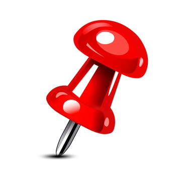 Glossy red push pin, angled thumbtack on white background