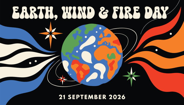 Earth wind and fire day vintage poster with colorful planet illustration