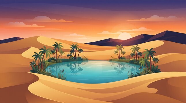Beautiful desert oasis featuring turquoise water, palm trees, sandy dunes, distant mountains, and warm sunlight in a stylized landscape.