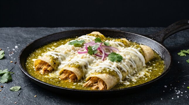 Traditional Mexican enchiladas verdes filled with shredded chicken, smothered in tangy tomatillo salsa verde, melted queso cheese, and Mexican crema in a dark rustic skillet with negative space