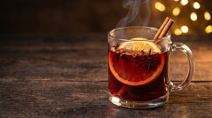 Fototapeta premium Warm spiced holiday mulled red wine in a clear glass mug, infused with cinnamon sticks, star anise, whole cloves, and orange slices, set on a dark rustic wooden table with moody festive bokeh glow