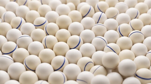 Abundant collection of white ping pong balls with blue