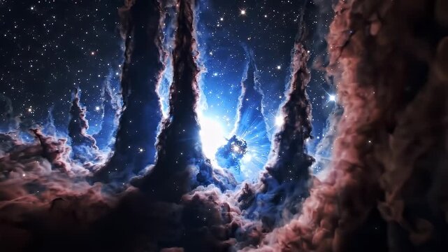 Stunning cosmic nebula with interstellar dust pillars and glowing stars in deep space galaxy