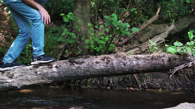 Low section of man carefully balancing and walking across a fallen tree log over a forest creek