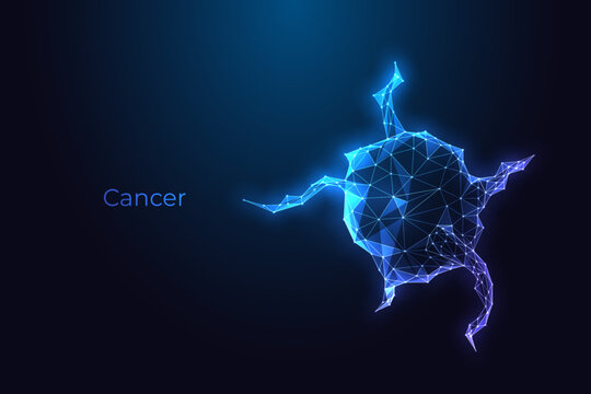 Glowing blue polygonal illustration of a cancer cell and tumor on a dark background, representing oncology research.