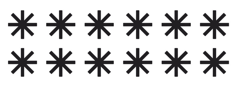 Star Pattern: A simple and clean graphic featuring a symmetrical arrangement of ten bold black asterisk symbols on a plain white background, creating a visually striking pattern.