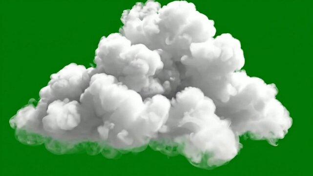 Realistic white cloud isolated on green screen, 3D rendered cumulus cloud animation for compositing and visual effects