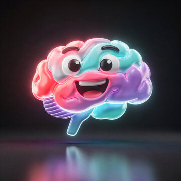 Cheerful 3D cartoon brain character smiling, representing mental health, intelligence, and creative thinking.