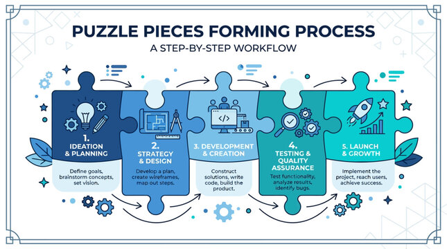 Strategic Workflow Development Infographic Featuring Five Connected Puzzle Piece Steps for Business Growth and Project Management Success