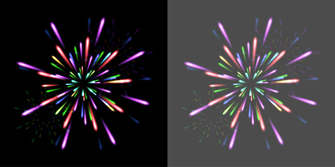 Obraz premium Colorful pyrotechnics show. Realistic fireworks celebration isolated vector illustration. Beautiful light performance in night sky.