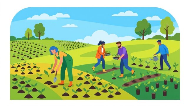 Diverse people planting vegetable seedlings in a sunny community garden illustration