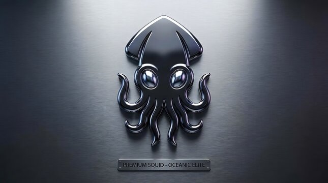 Black metallic squid emblem on dark textured wall.