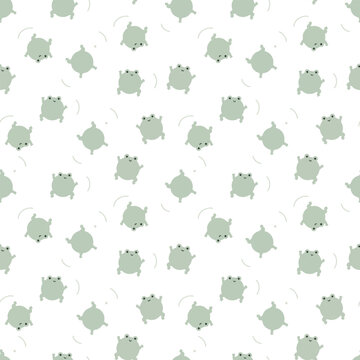 Cute sage green frog scatter seamless pattern on white background.