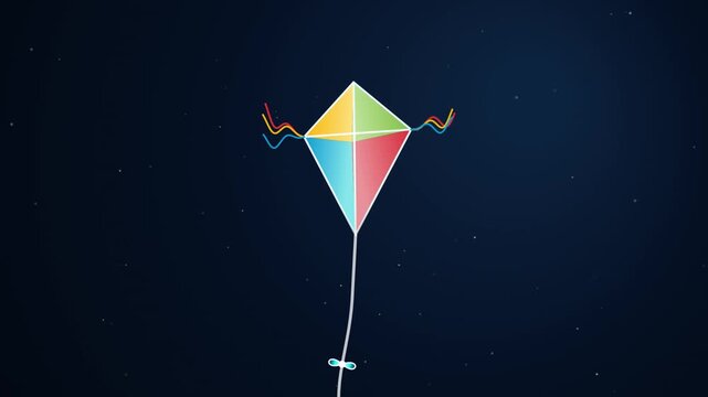 Colorful diamond shaped kite flying against starry night sky background