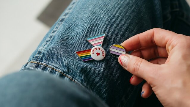 Person holding pride pins with rainbow and nonbinary flags on blue denim jeans fabric in a close up view