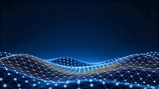 Abstract digital grid structure with glowing wavy lines on deep blue background