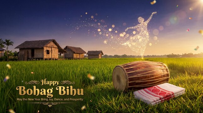 Happy bohag bihu celebration with traditional assamese drum and dance in a rural field at sunset