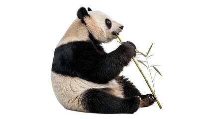 Cute wild giant panda bear sitting and eating bamboo isolated on transparent background. © Samuel Sutton