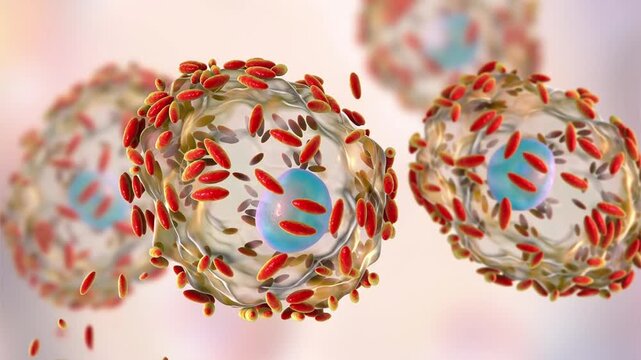Clue cells, 3D animation of squamous epithelial cells coated with Gardnerella bacteria, associated with bacterial vaginosis.