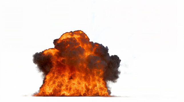 Powerful explosion rises from the ground with a massive turbulent cloud of bright orange and yellow flames upward with thick dark smoke on a white background