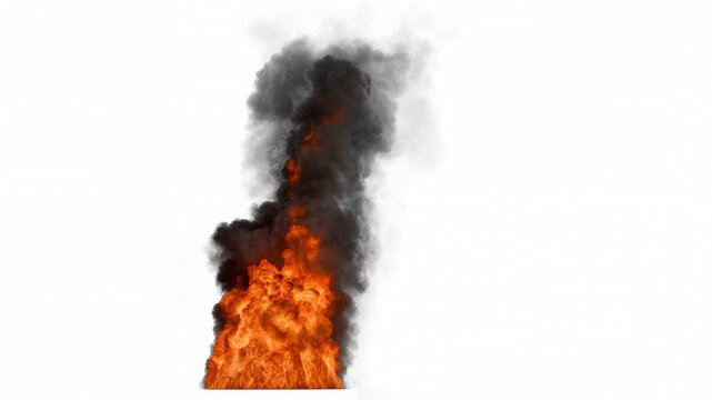 Massive and high fire with bright orange and yellow flames rises upwards billowing dense black smoke that spreads on a white background