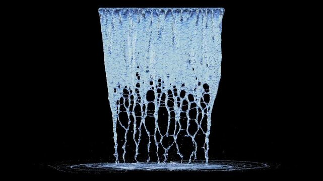 Front view of Dripping Water with a Medium Flow from a medium linear source to the ground on a black background