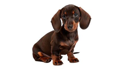 Cute small brown dachshund puppy dog sitting down isolated on transparent background. © Samuel Sutton